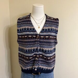 Copper Key Women's Fair Isle Knit Sweater Vest Blue Brown Striped V-Neck Large